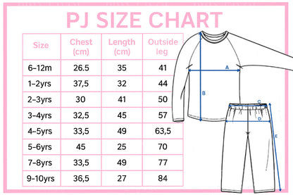 Size guide chart for personalised children's Christmas pyjamas, sizes 6-12 months to 5-6 years