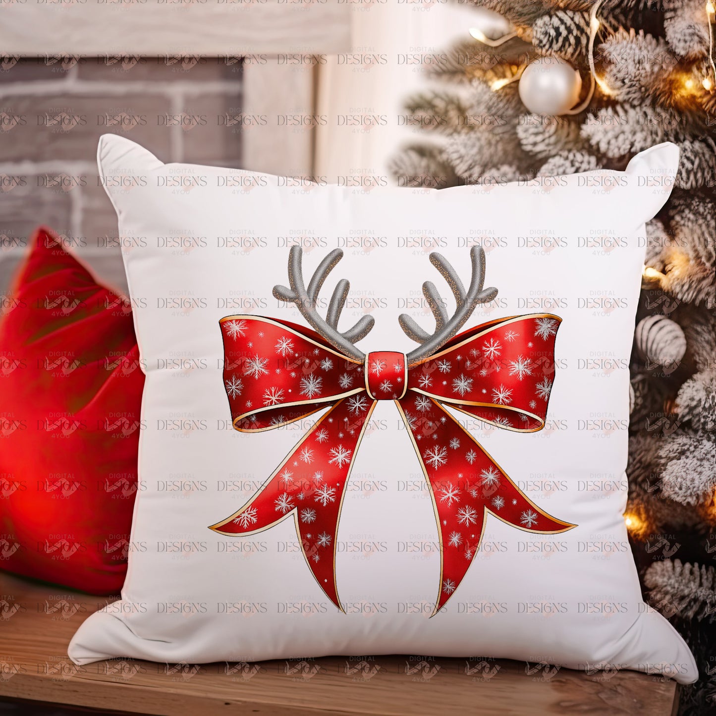 Reindeer Bow PNG Digital Artwork Download – Red Gold Christmas Clipart Design