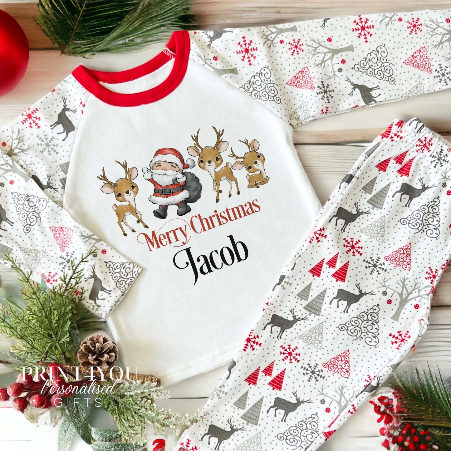 Personalised Reindeer Print Children's Christmas Pyjamas – Santa and Reindeers - 2-3 years