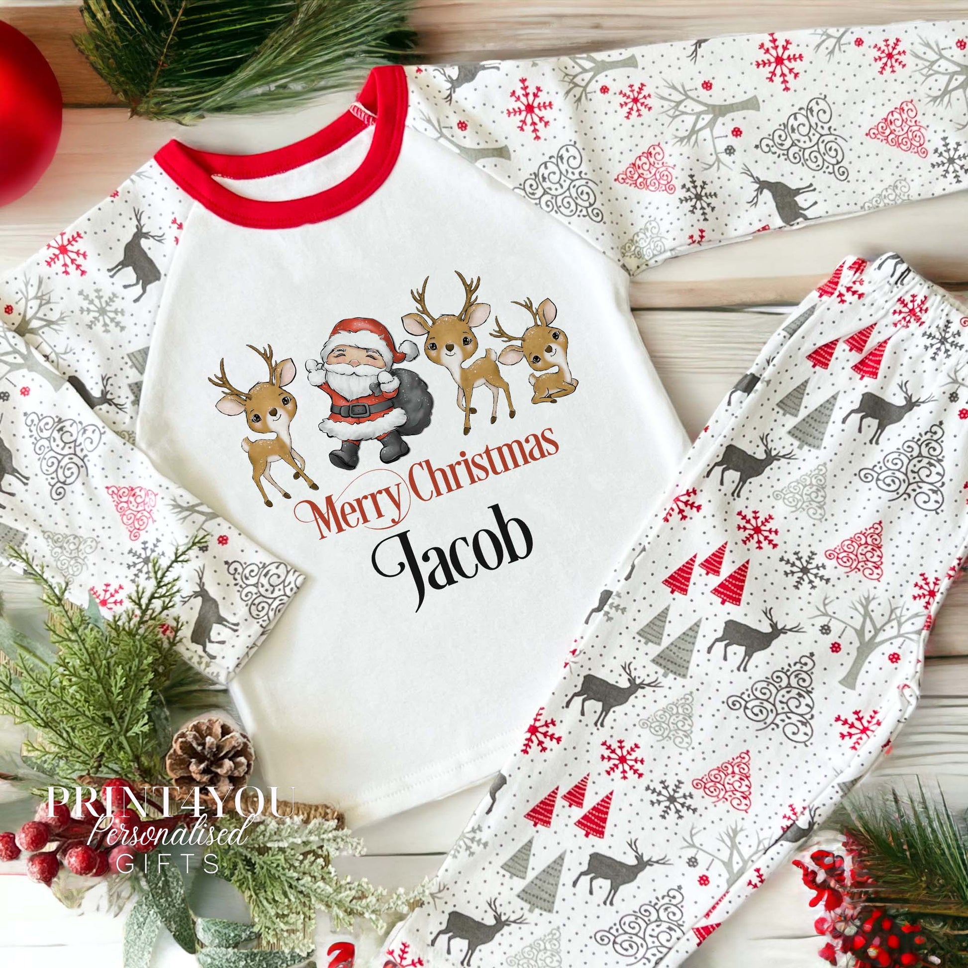 Personalised Reindeer Print Children's Christmas Pyjamas – Santa and Reindeers - 2-3 years