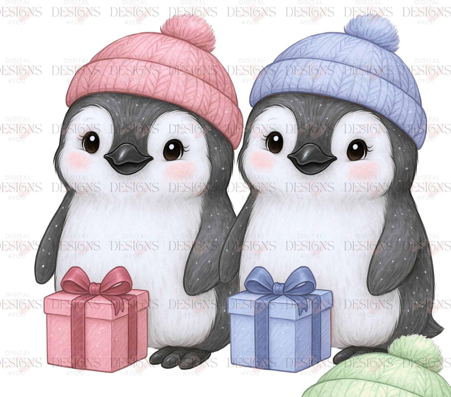 Gift Penguin PNG Exclusive Set – Blue & Pink Festive Digital Artwork
