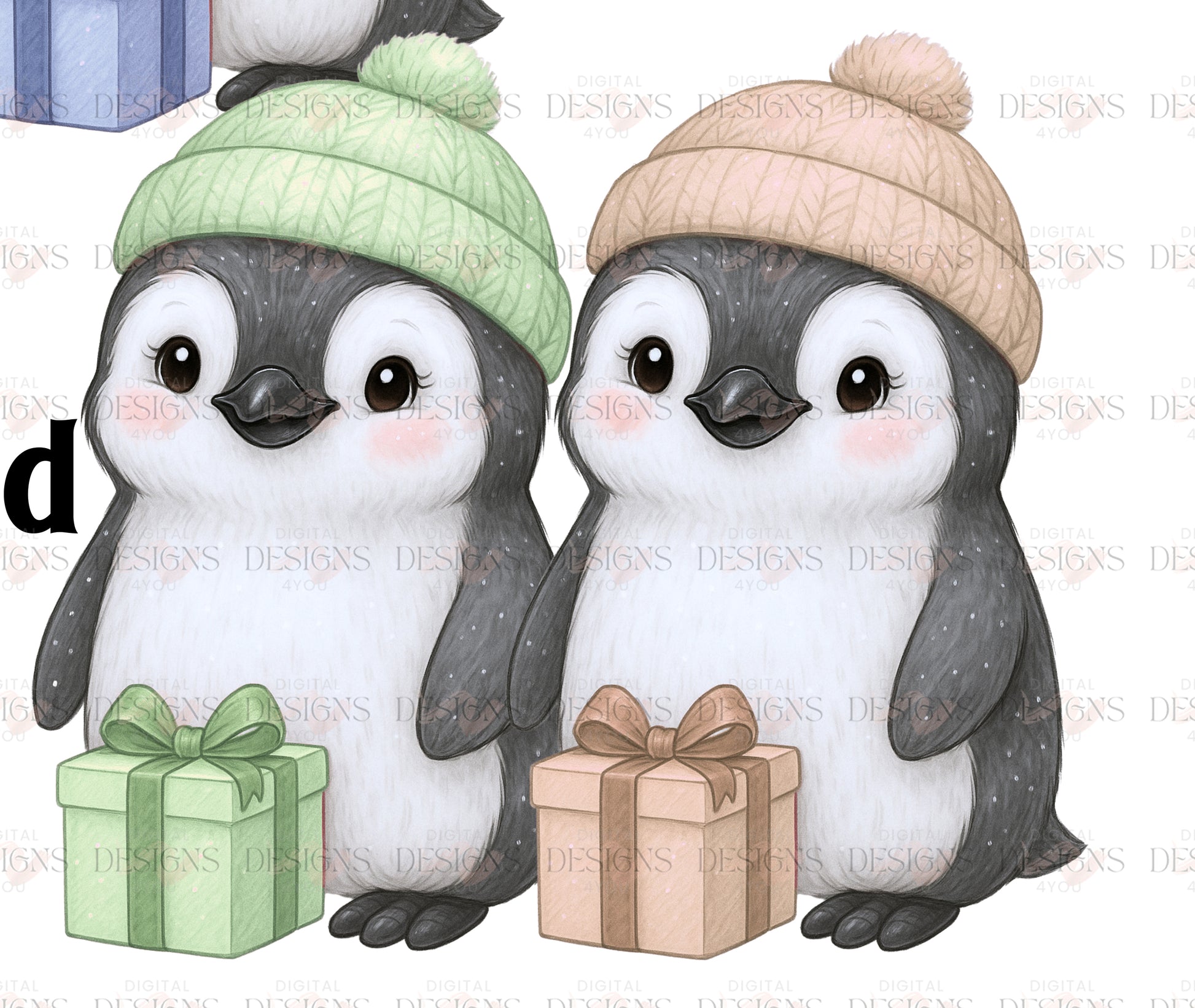 Green Gold Penguin PNG – Exclusive Holiday Design – Christmas Gift Penguins Clipart Set