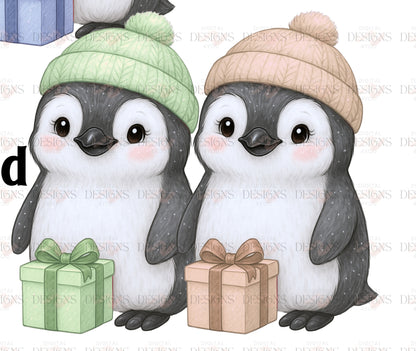 Green Gold Penguin PNG – Exclusive Holiday Design – Christmas Gift Penguins Clipart Set