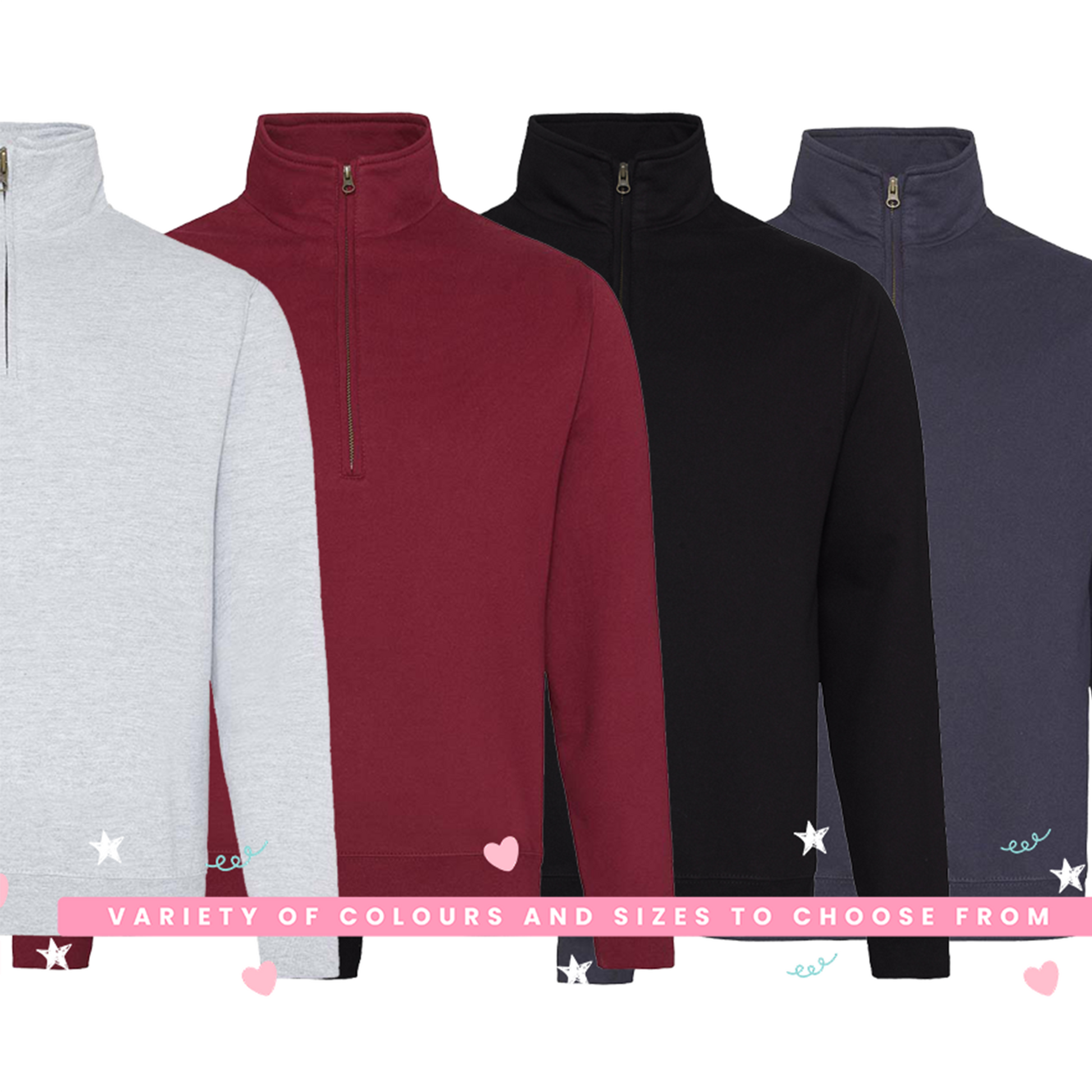 Colour and print placement options for the personalised 3/4 zip hoodie