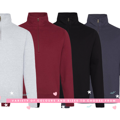 Colour and print placement options for the personalised 3/4 zip hoodie