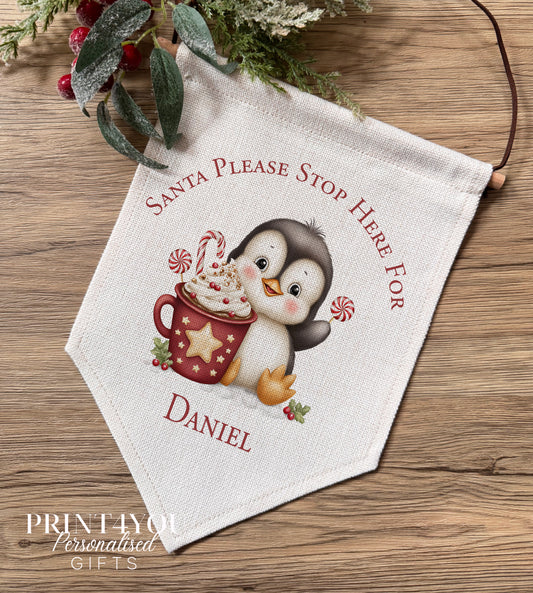 Personalised Santa Banner – Penguin Christmas Flag – Linen Wall Hanging, Kids Xmas Sign