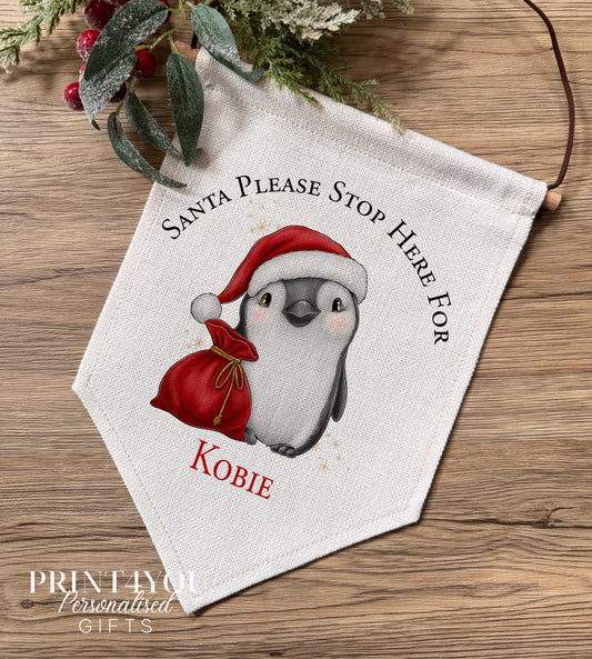 Santa Stop Here Banner – Personalised Penguin Christmas Flag – Linen Holiday Decoration