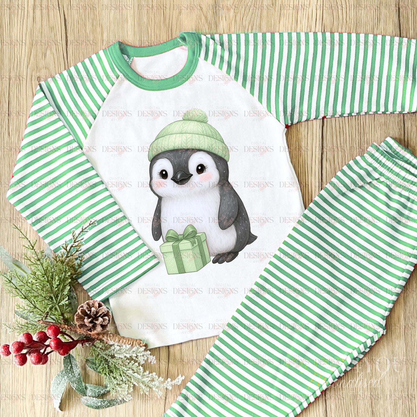 Green Gold Penguin PNG – Exclusive Holiday Design – Christmas Gift Penguins Clipart Set