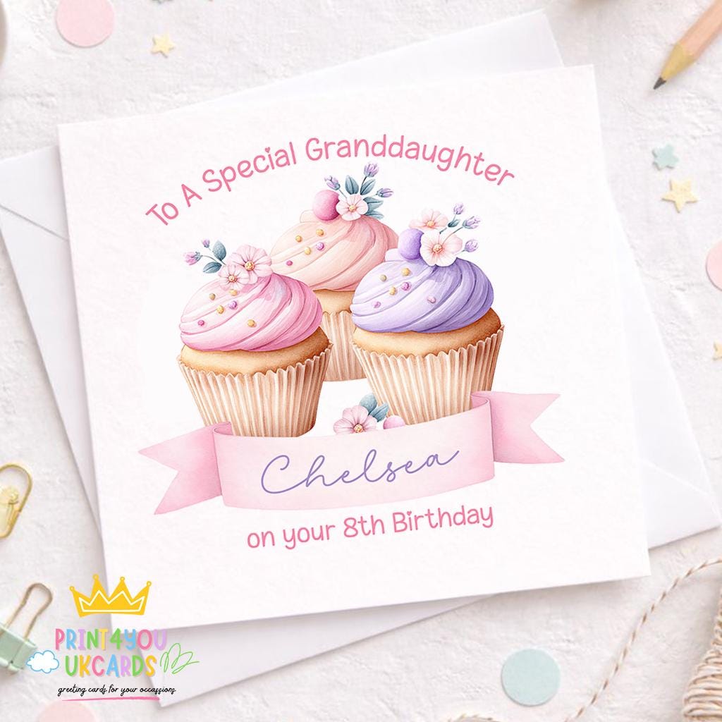 Square personalised girls birthday card with pink cupcake design, name and age