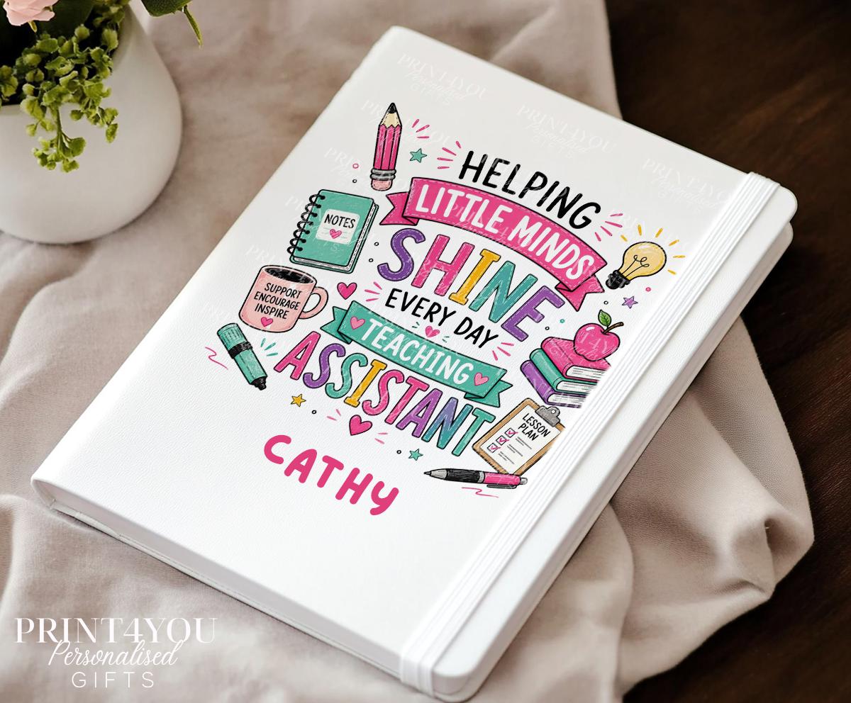 Personalised A5 lined notebook, printed with a name on the front cover.