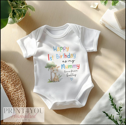 Personalised pastel giraffe 1st birthday sleepsuit customised with baby's name.