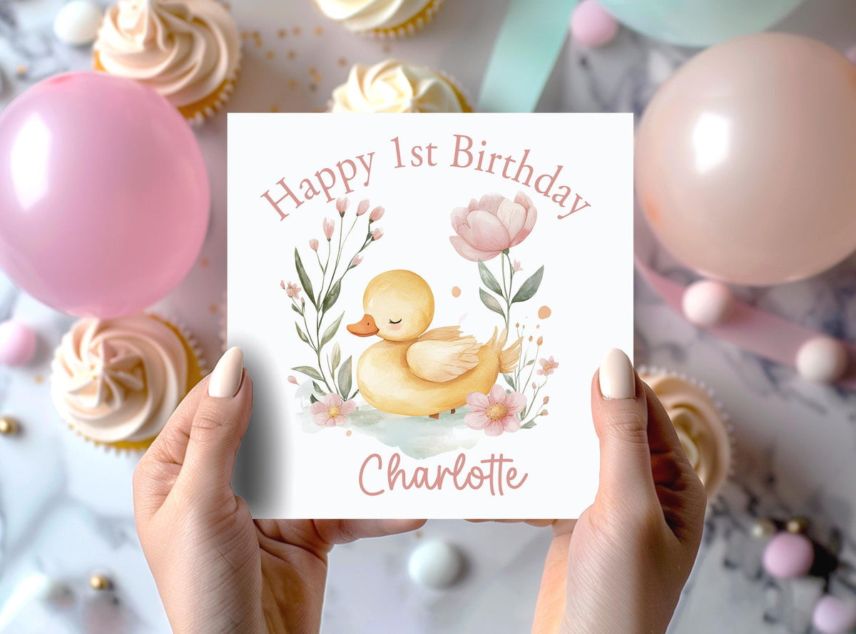 Personalised Birthday Card – 6x6 Inch Square Duck Theme Card for Children’s First Birthday - Front Only
