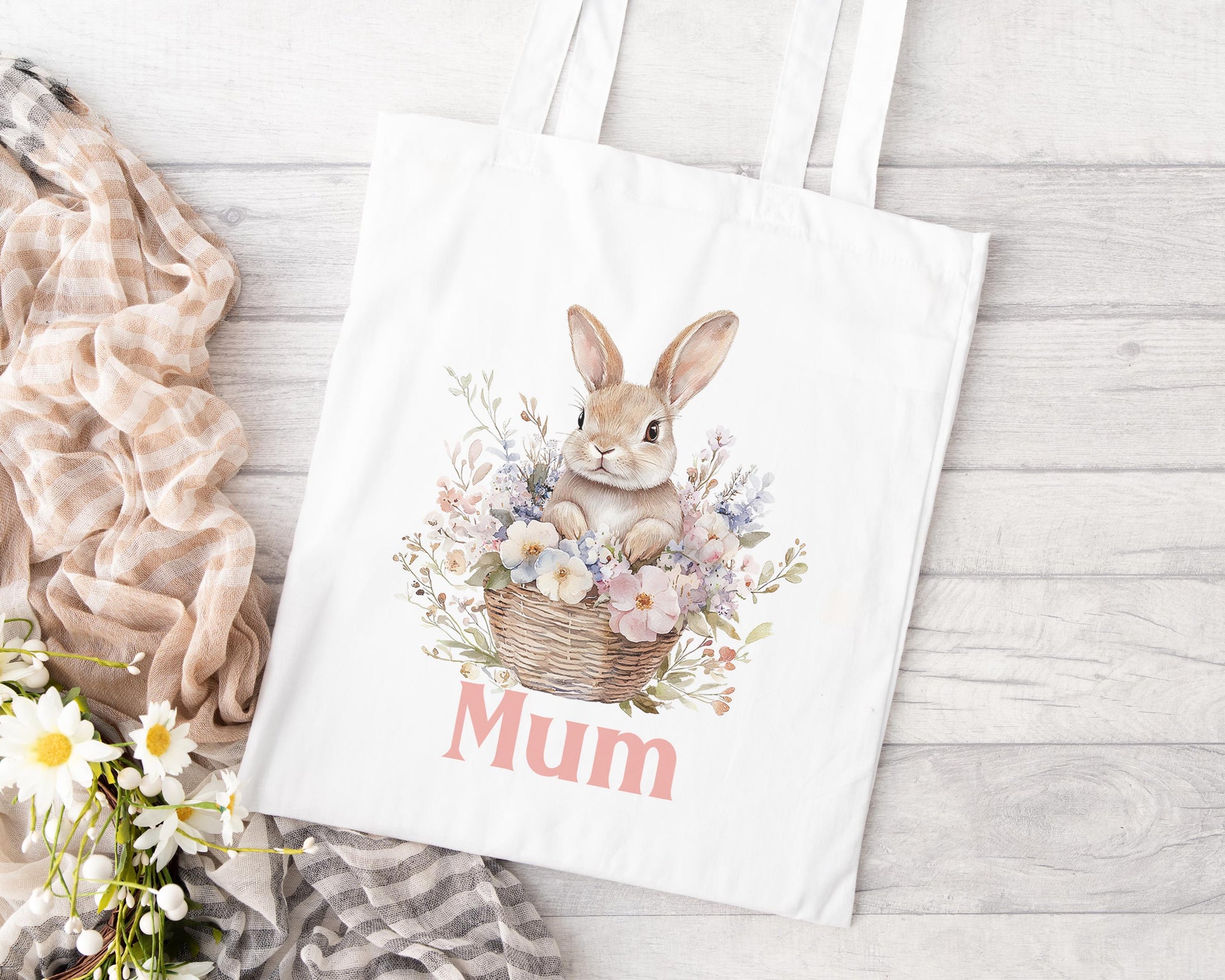 Personalised Easter gift tote bag in cotton, printed with custom name and Easter design