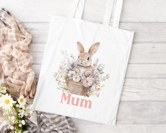 Personalised Easter gift tote bag in cotton, printed with custom name and Easter design