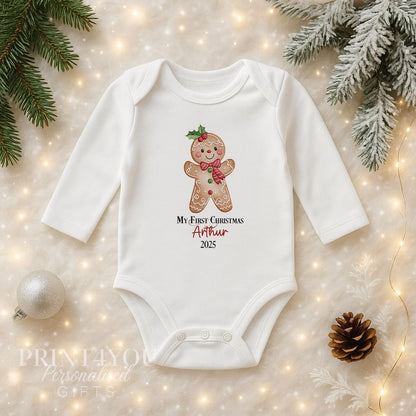 Personalised Gingerbread Christmas Baby Outfit – Vest, Sleepsuit & Bib Gift Set, Custom Name