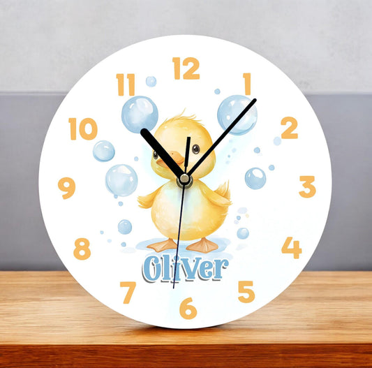 Personalised yellow duck acrylic nursery clock, 24.5cm, with glossy white face and space for a child's name