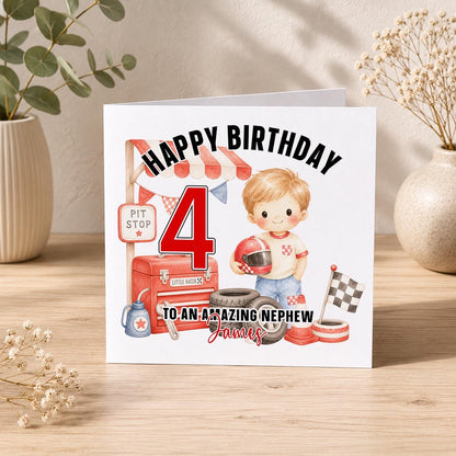 Square personalised racing driver birthday greeting card front cover design