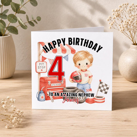 Square personalised racing driver birthday greeting card front cover design
