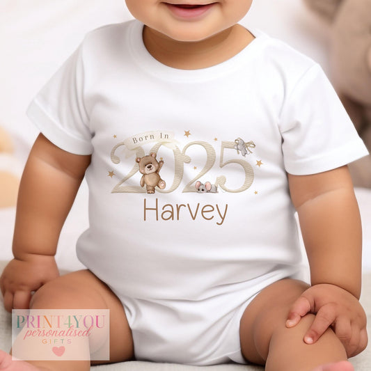Personalised teddy bear and mouse 2025 'Born In' baby bib with custom name printed on soft cotton