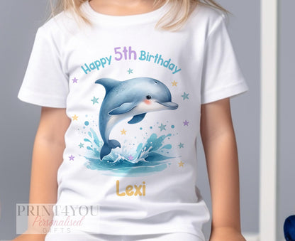 Personalised Dolphin Birthday T – Shirt – Custom Name & Number Kids Party Tee - 6-12 months