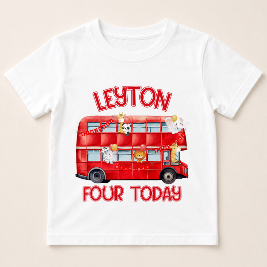 A white t-shirt with a red double-decker bus graphic and the text "LEYTON FOUR TODAY" printed on it.