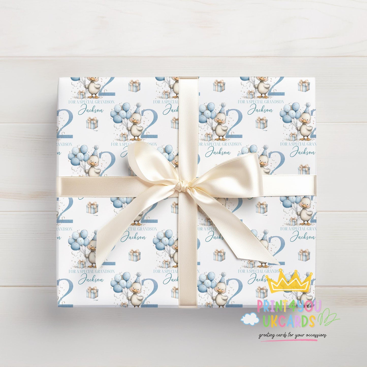 Size and price guide for the personalised birthday wrapping paper, showing A3, A2 and A1 sheet options plus 1m to 10m roll lengths.