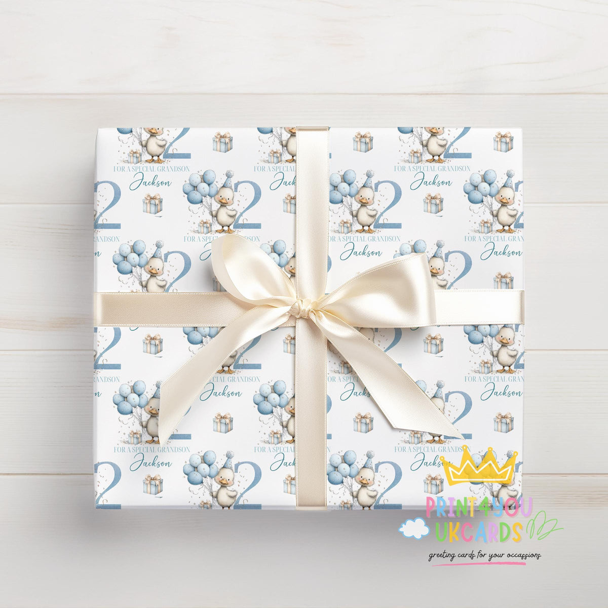 Size and price guide for the personalised birthday wrapping paper, showing A3, A2 and A1 sheet options plus 1m to 10m roll lengths.