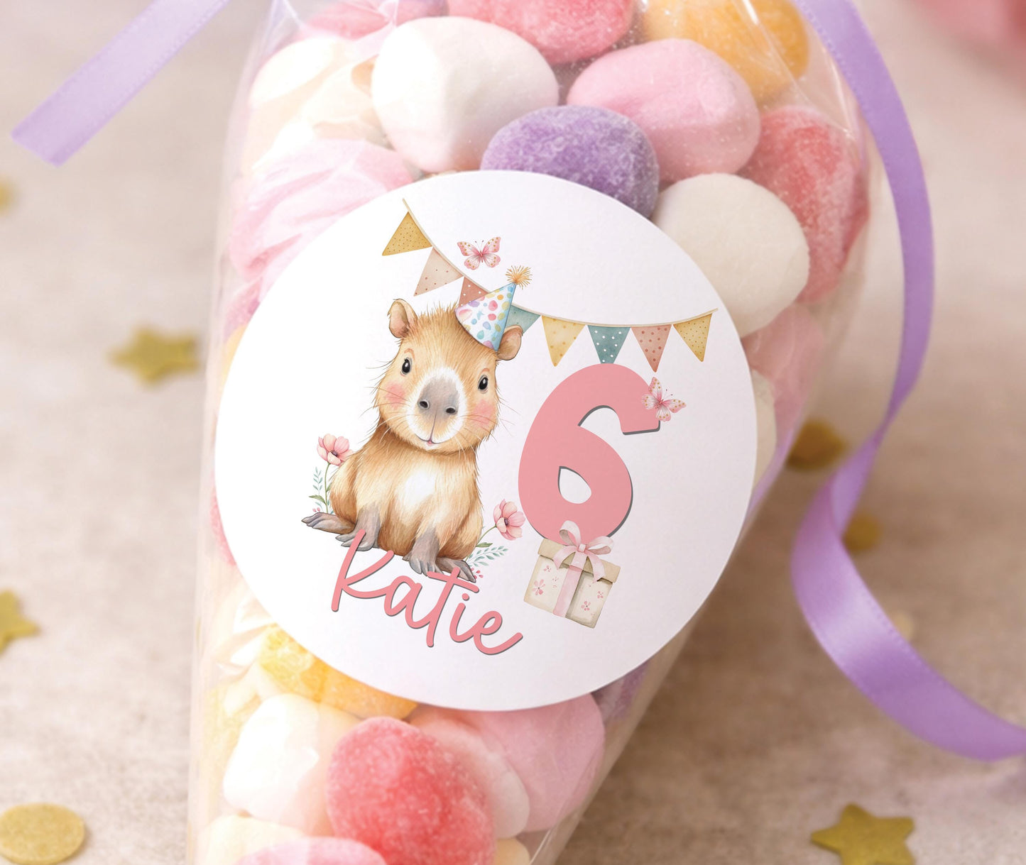 Sheet of glossy round stickers featuring a capybara birthday design, personalised with a child's name and age