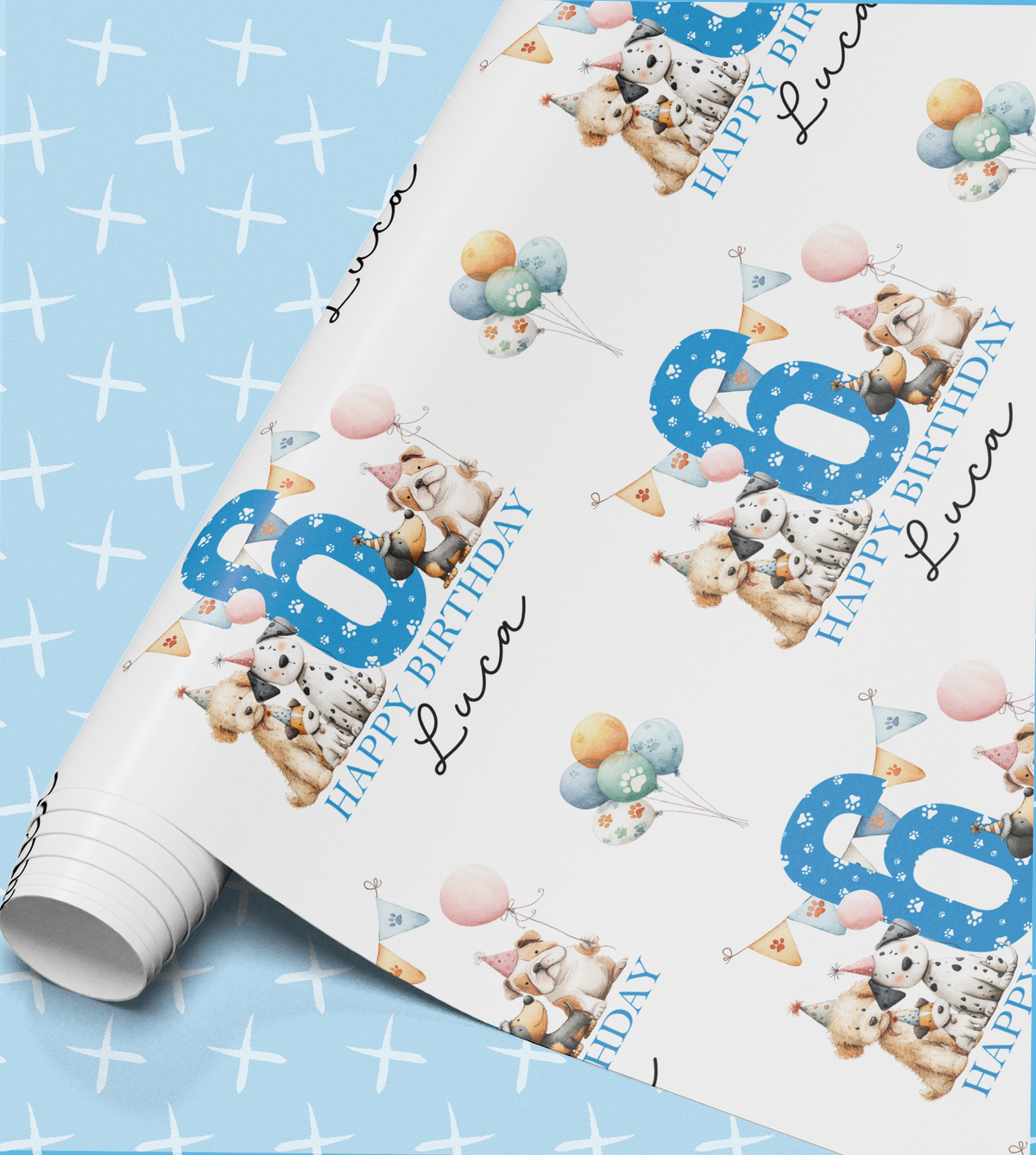 The image is a birthday wrapping paper with a repeating pattern of a dog, balloons, and the number 8. The text "Happy Birthday" is visible, indicating it is a birthday-themed design.