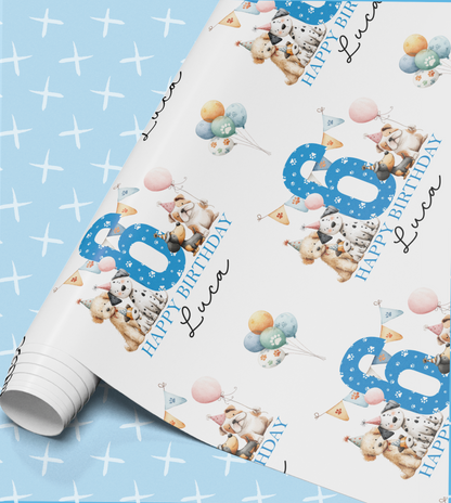 The image is a birthday wrapping paper with a repeating pattern of a dog, balloons, and the number 8. The text "Happy Birthday" is visible, indicating it is a birthday-themed design.