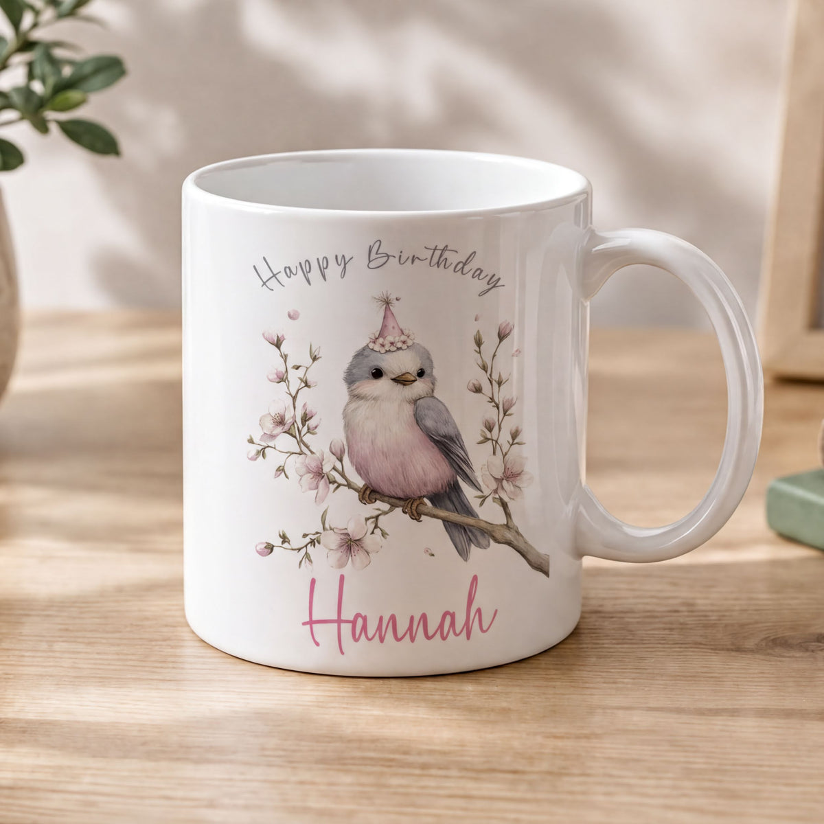 Personalised birthday mug showing floral design detail