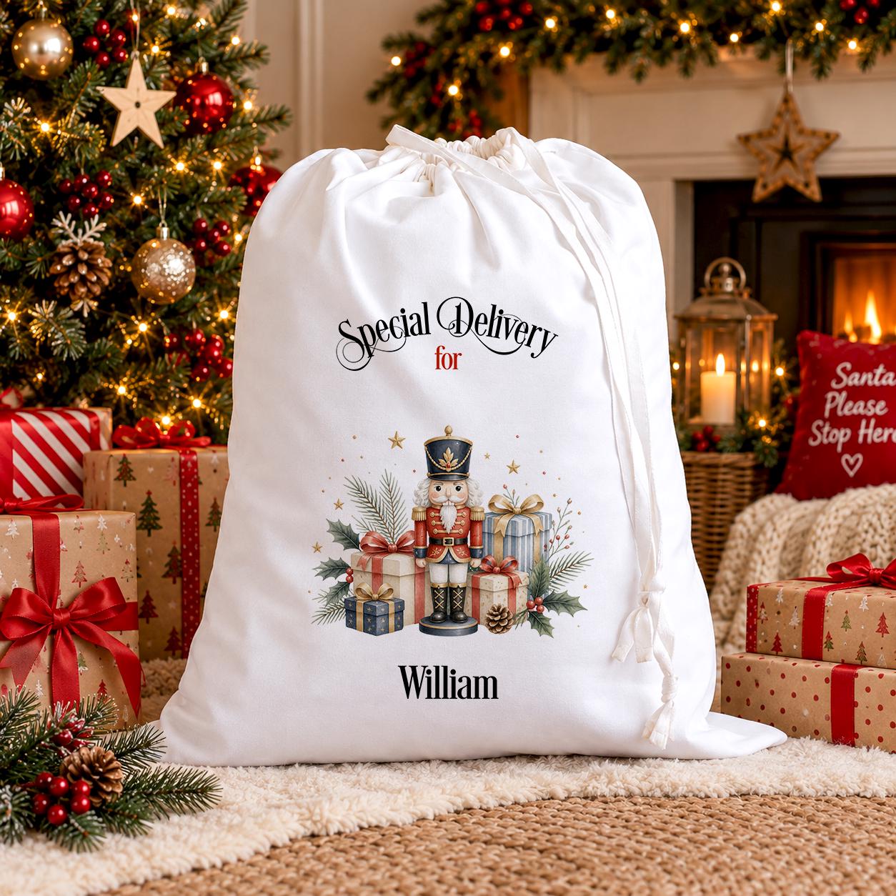 Personalised Nutcracker Santa Sack, Name Printed Christmas Bag