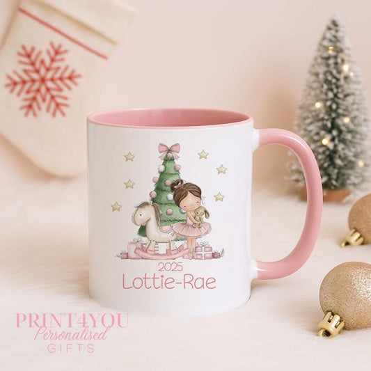 Personalised Christmas Mug – Pink Ballerina Festive Ceramic Cup with Custom Name - Full white mug