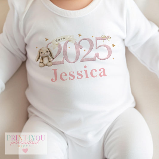 Personalised pink bunny 2025 'Born In' baby bib with custom name printed on soft cotton, popper fastening