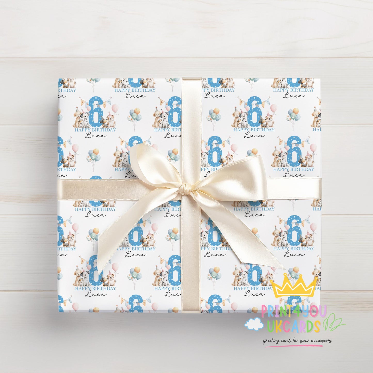 Personalised dog birthday wrapping paper sheet laid flat showing the full pattern