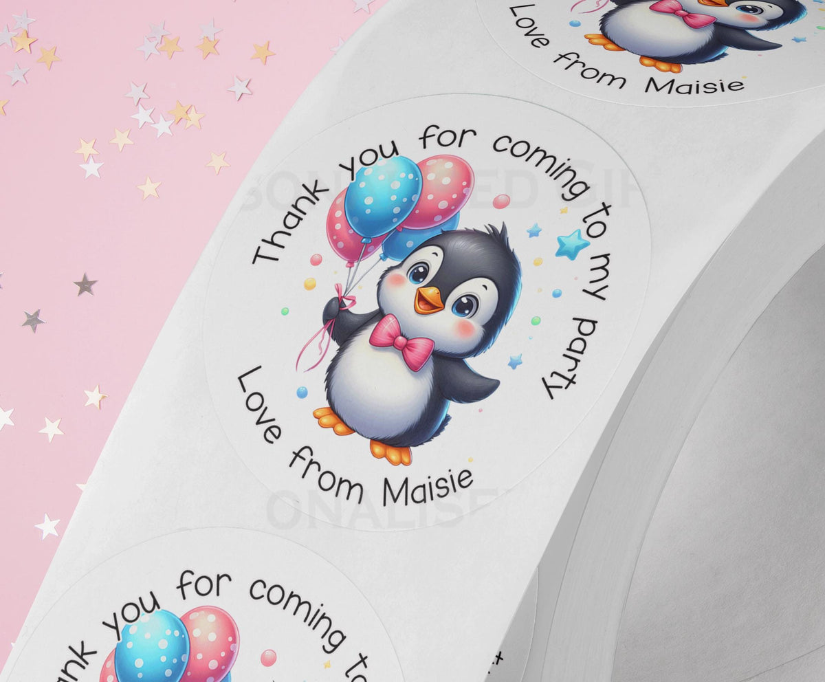 Personalised birthday penguin stickers, glossy 5cm strips of three in a cello bag