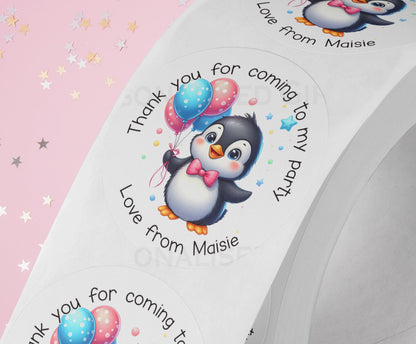 Personalised birthday penguin stickers, glossy 5cm strips of three in a cello bag