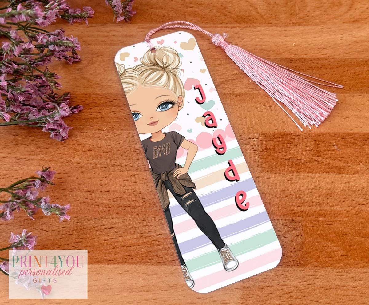 Personalised character bookmark aluminium tag with tassel featuring the Girl 5 illustrated design and custom name