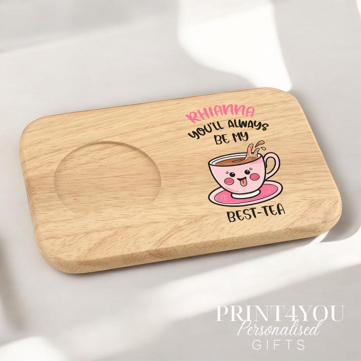 Personalised wooden tea and biscuit tray with kawaii best-tea design.