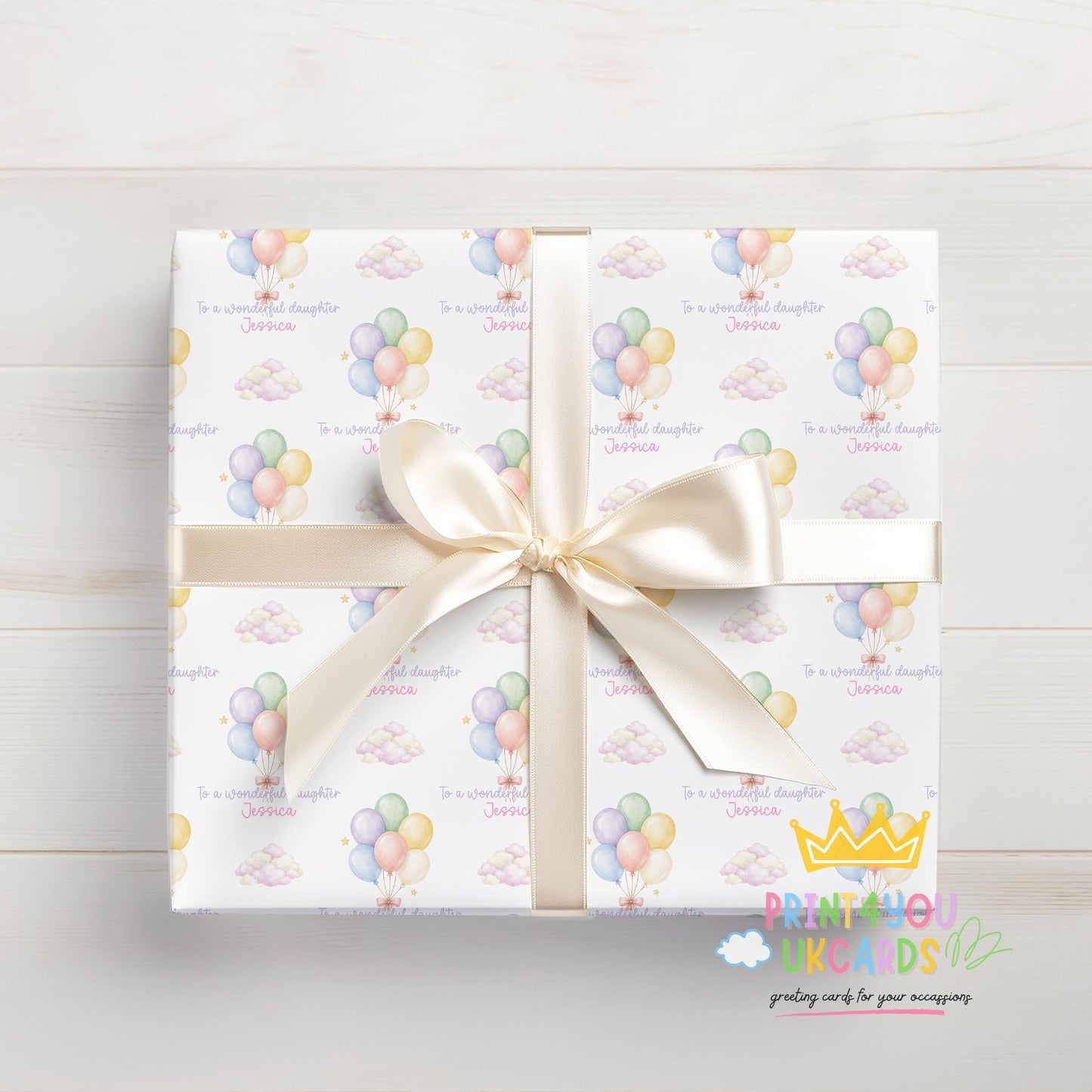 An additional close-up of the pastel balloon and fluffy cloud pattern printed on the wrapping paper