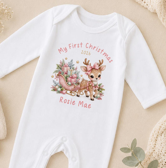 Personalised Baby Christmas Outfit - Deer Sleigh, First Christmas 2026