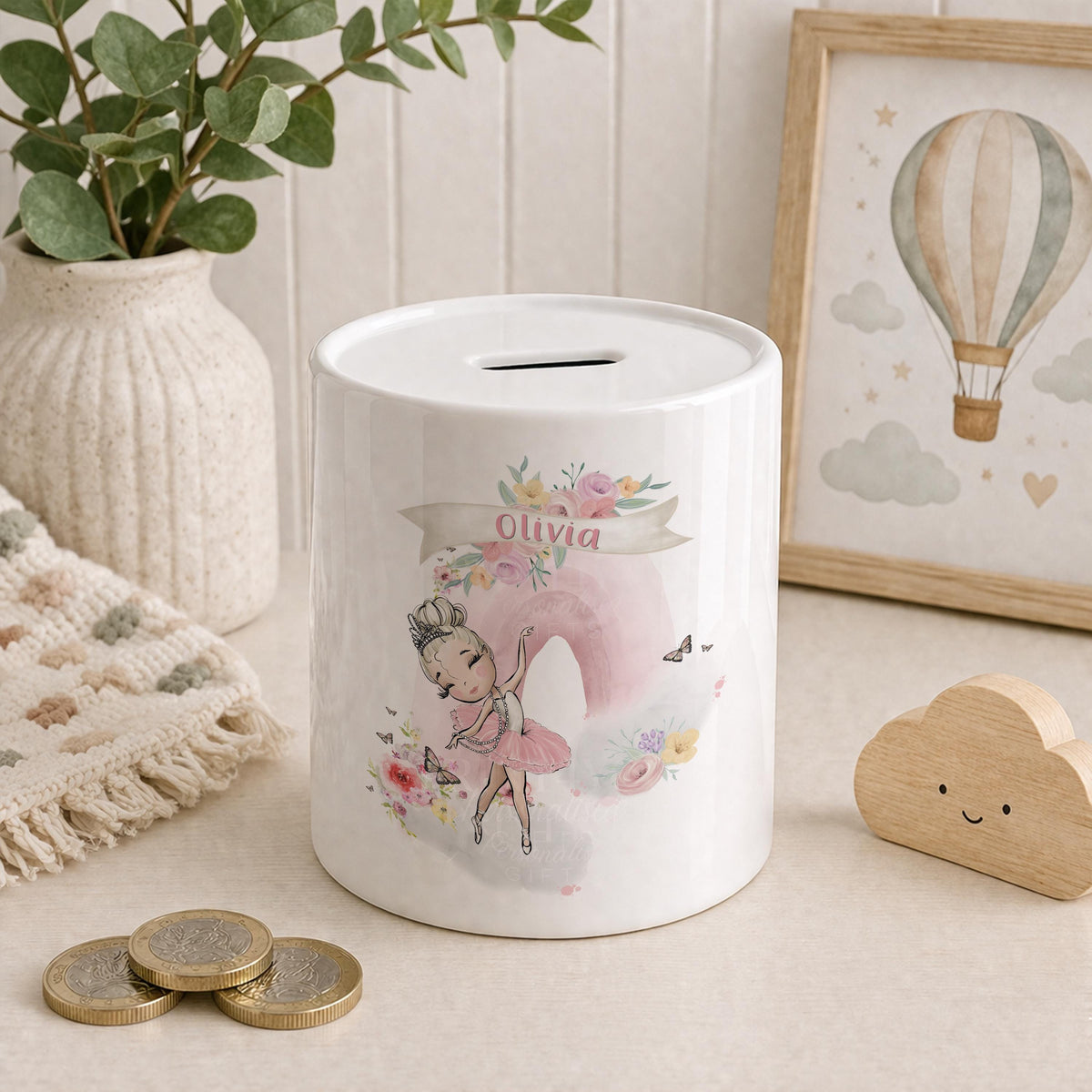 Personalised ballerina ceramic coin bank for baby girl