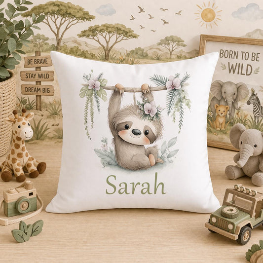 Personalised sloth cushion for safari nursery decor
