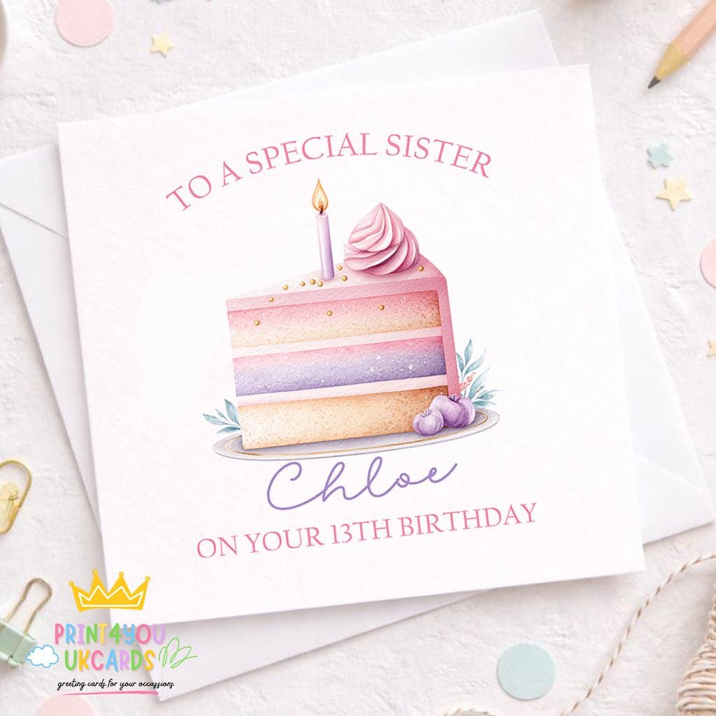 Square personalised birthday card with a cake slice design shown on white card stock.