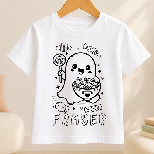A white t-shirt with a black and white illustration of a ghost character holding a bowl of candy and surrounded by various candy-related elements.