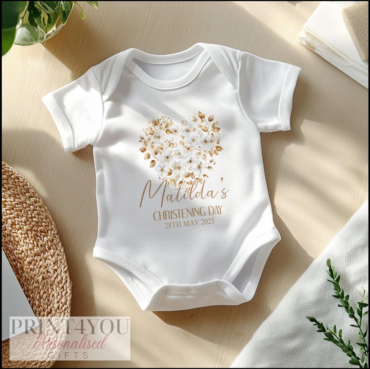 Personalised christening baby bib with pink cross and floral design