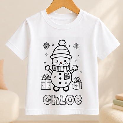 A white t-shirt with a black and white illustration of a snowman and presents the name "Chloe" below the image.