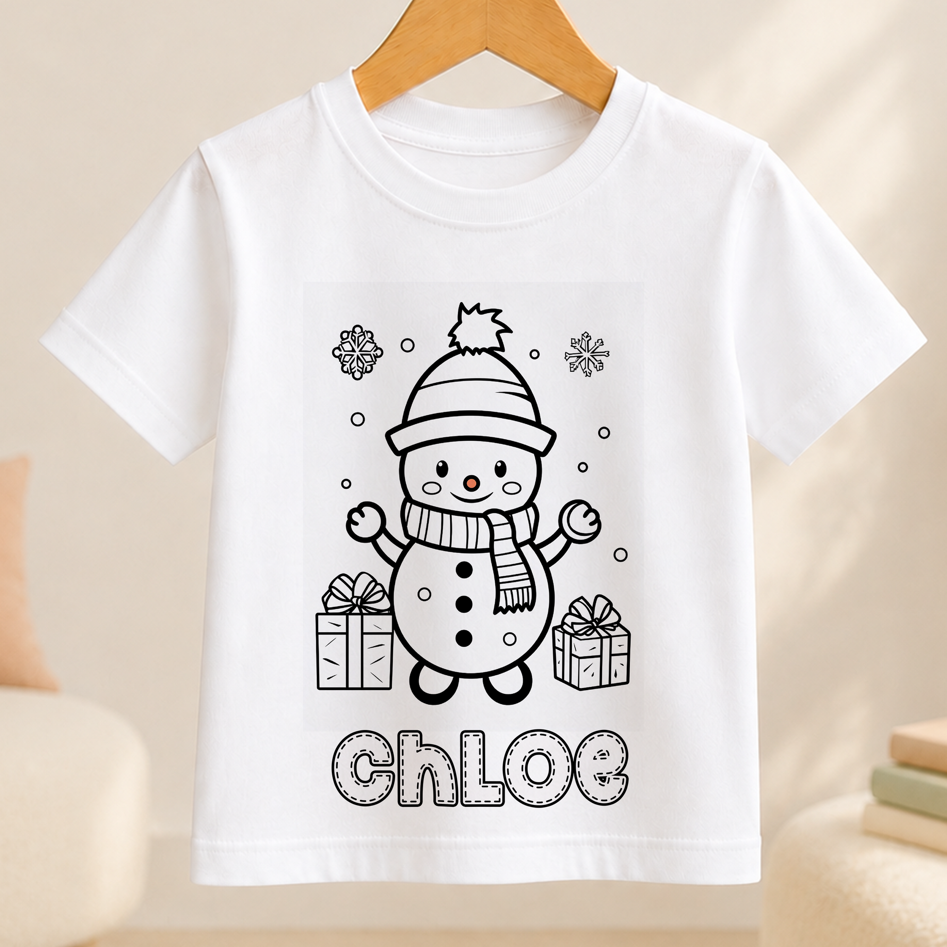 A white t-shirt with a black and white illustration of a snowman and presents the name "Chloe" below the image.
