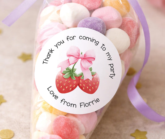 Sheet of personalised strawberry stickers with a pink bow thank you design