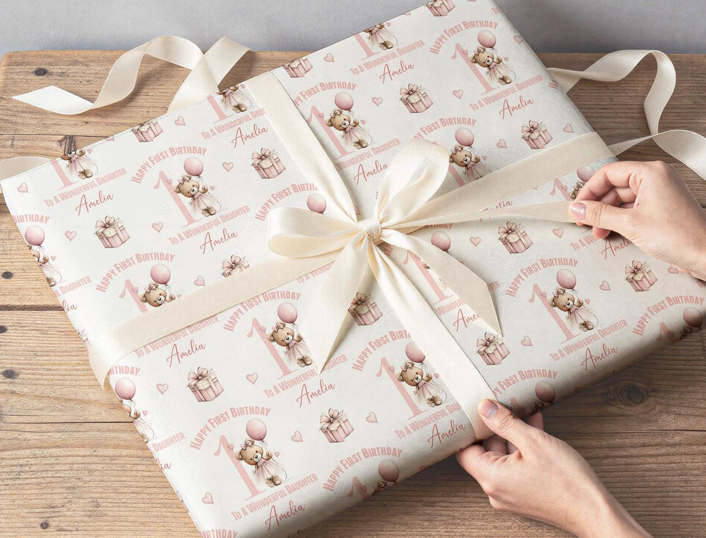 Gift wrapped in the personalised pink ballerina teddy bear wrapping paper and finished with ribbon.